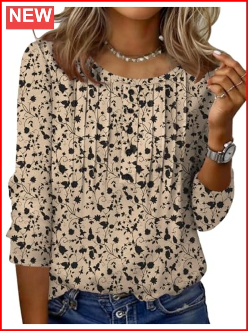 Women's 3/4 Sleeve Pleated Tunic Top Round Neck Casual T-Shirt